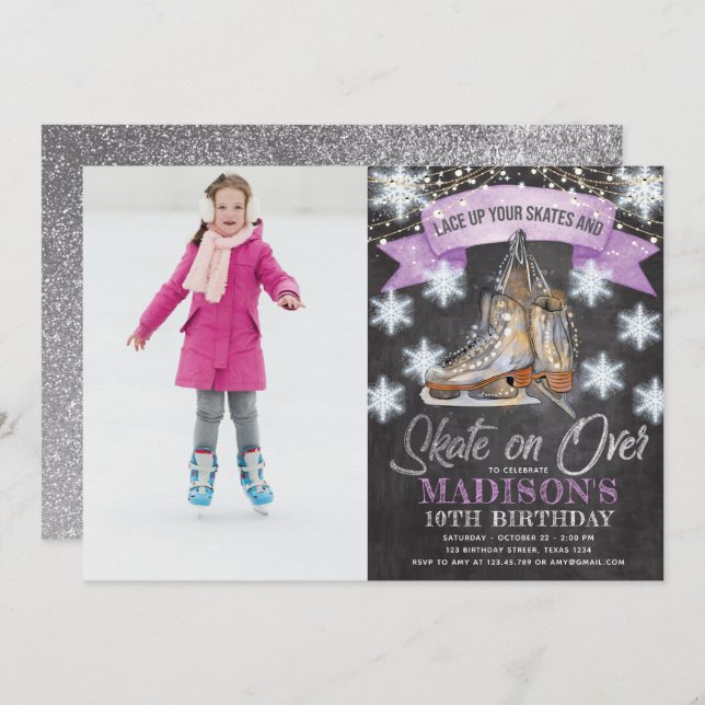 Ice Skating Girl Birthday Photo Personalised Invitation (Front/Back)