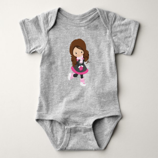 Ice Skating Girl, Cute Girl, Brown Hair, Scarf Baby Bodysuit (Front)