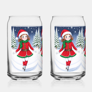 Ice Skating Girl Elf Drinkware Set Can Glass