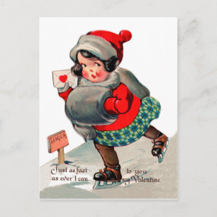 Ice skating girl with love letter. St. Valentine's Postcard