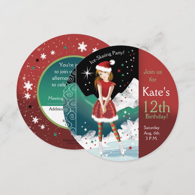 Ice-skating girl's 12th birthday party invitation (Front/Back)