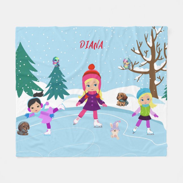  ICE SKATING GIRL'S & ANIMAL FRIENDS  FLEECE BLANKET (Front (Horizontal))
