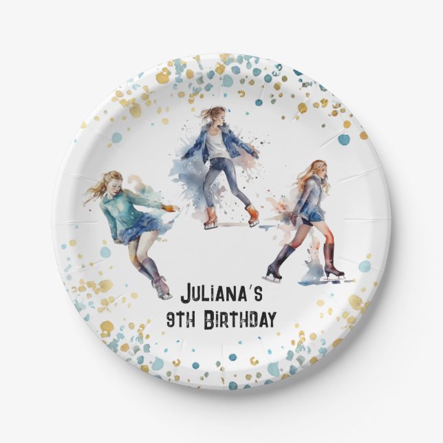 Ice-Skating Girls Winter Birthday Party Paper Plate (Front)