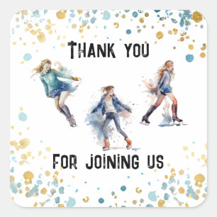Ice-Skating Girls Winter Birthday Party Square Sticker
