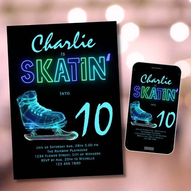 Ice Skating Party Boys Neon Glow Birthday Invitation (Creator Uploaded)