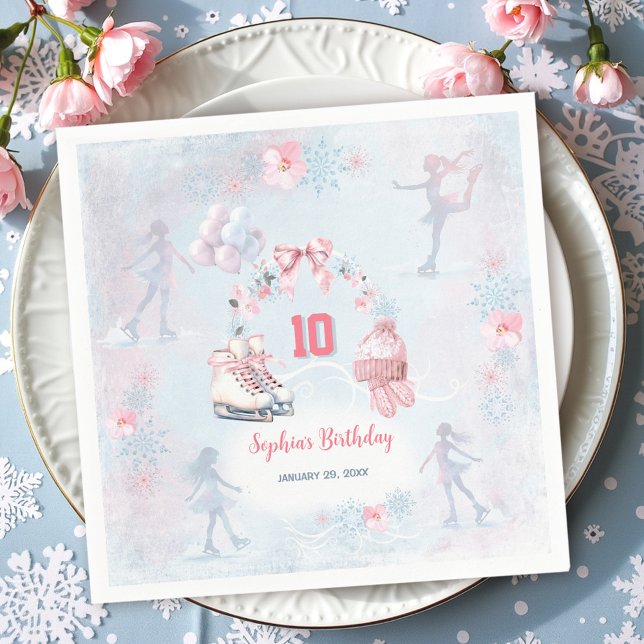 Ice Skating Party Pink Blue Winter Girl Birthday  Napkin (Ice Skating Party Pink Blue Winter Girl Birthday Napkins)