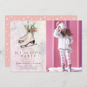 Ice Skating Party Snowflake Pink Birthday Photo Invitation