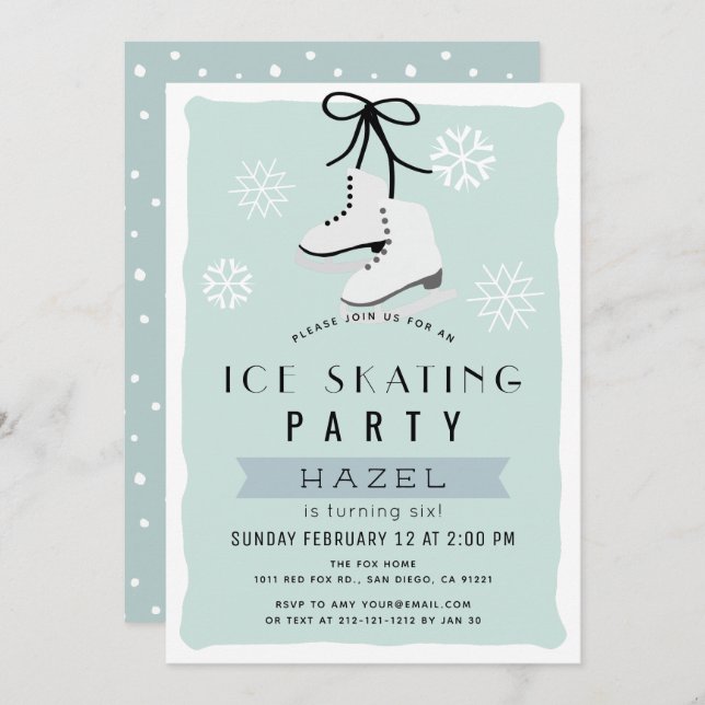 Ice Skating Party Winter Blue Retro Birthday Invitation (Front/Back)