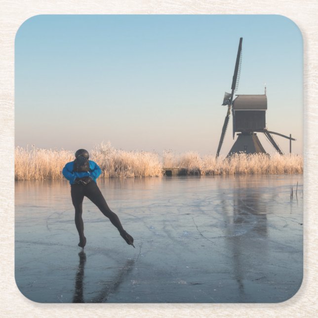 Ice skating past windmill and reeds coaster (Front)