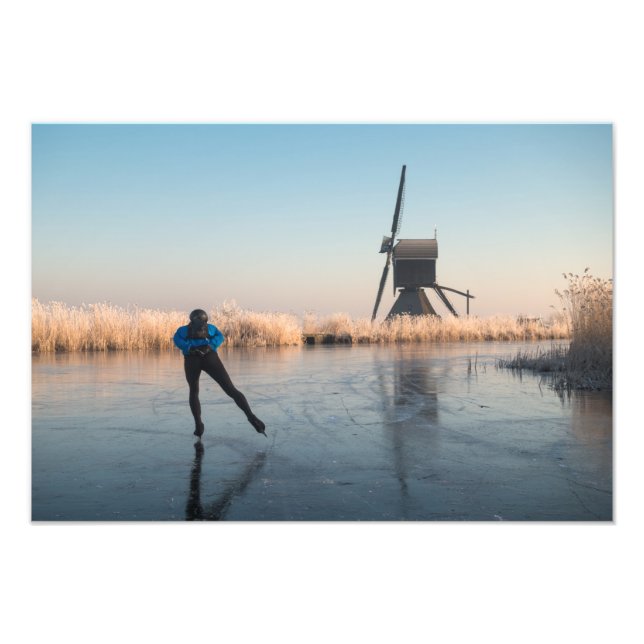 Ice skating past windmill and reeds print (Front)