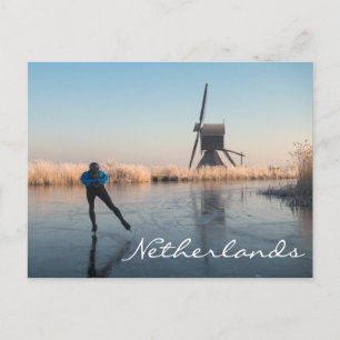 Ice skating past windmill and reeds text postcard