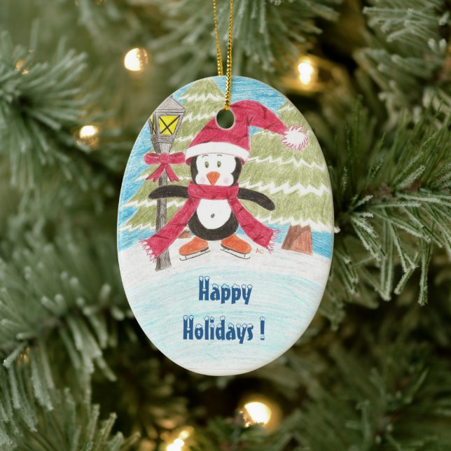 Ice skating penguin, Happy Holidays ! Ceramic Ornament (Tree)