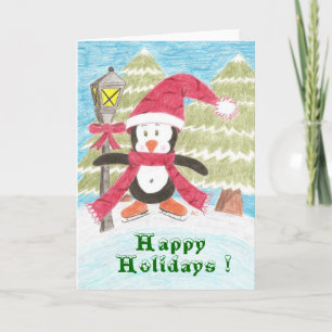 Ice skating penguin holiday card