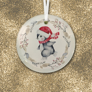 Ice Skating Penguin in Winter Wreath Glass Tree Decoration