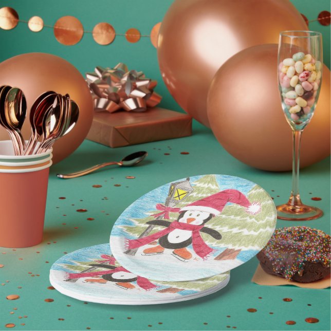 Ice skating penguin paper plates (Multi)