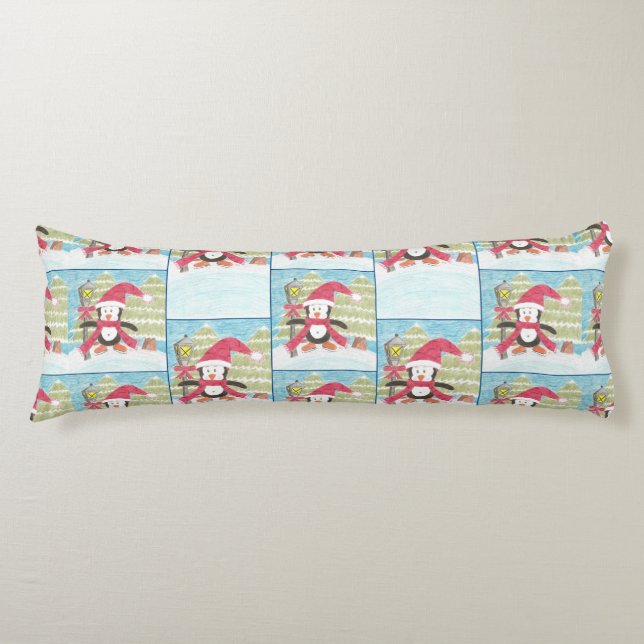 Ice skating penguin pattern blue body pillow (Front)