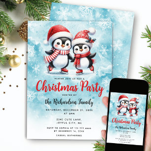 Ice Skating Penguins Blue Festive Christmas Party Invitation