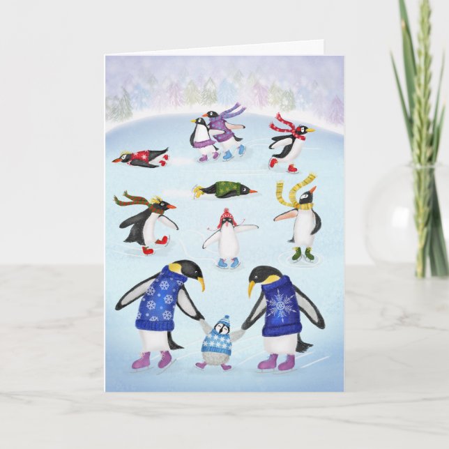 Ice skating penguins Christmas card (Front)