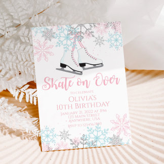 Ice Skating Pink blue silver Snowflakes Birthday Invitation