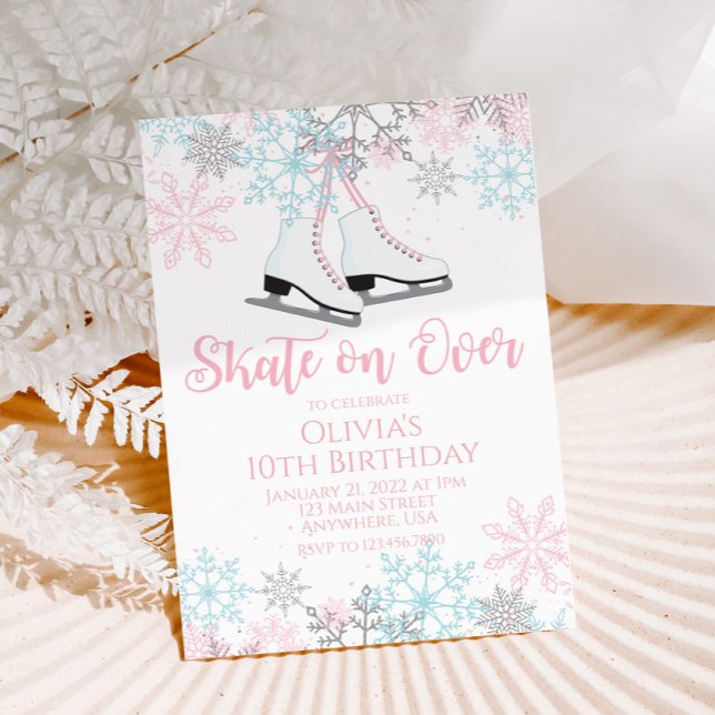 Ice Skating Pink blue silver Snowflakes Birthday Invitation (Creator Uploaded)