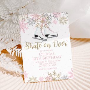 Ice Skating Pink Gold Glitter Snowflakes Birthday Invitation