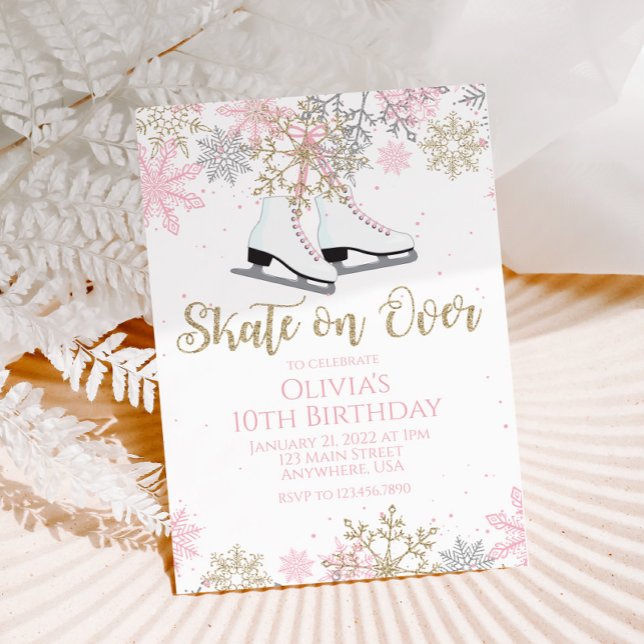 Ice Skating Pink Gold Glitter Snowflakes Birthday Invitation (Creator Uploaded)