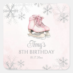 Ice Skating Pink Silver Glitter Snowflake Birthday Square Sticker