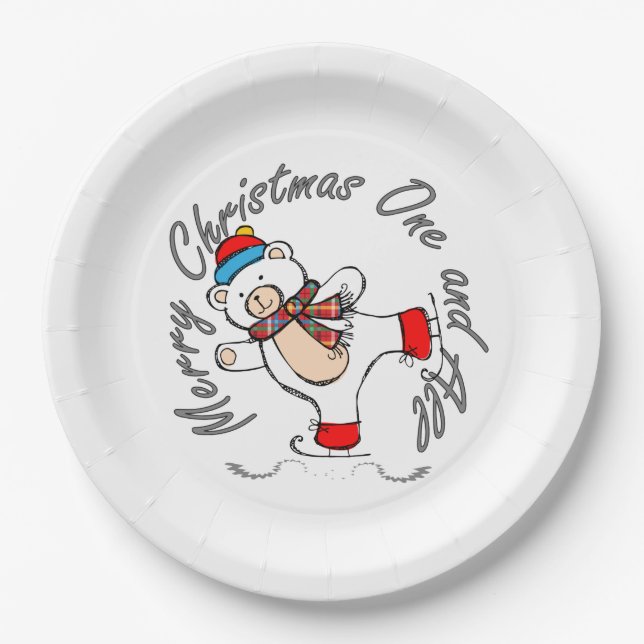 Ice Skating Polar Bear Christmas Paper Plate (Front)