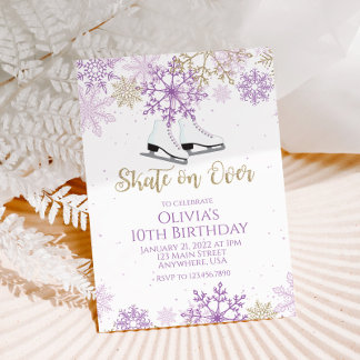 Ice Skating Purple and Gold Snowflakes Birthday Invitation