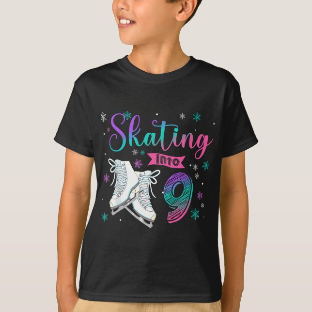 Ice Skating Rolling 9th Birthday Party Girl Family T-Shirt (Front)