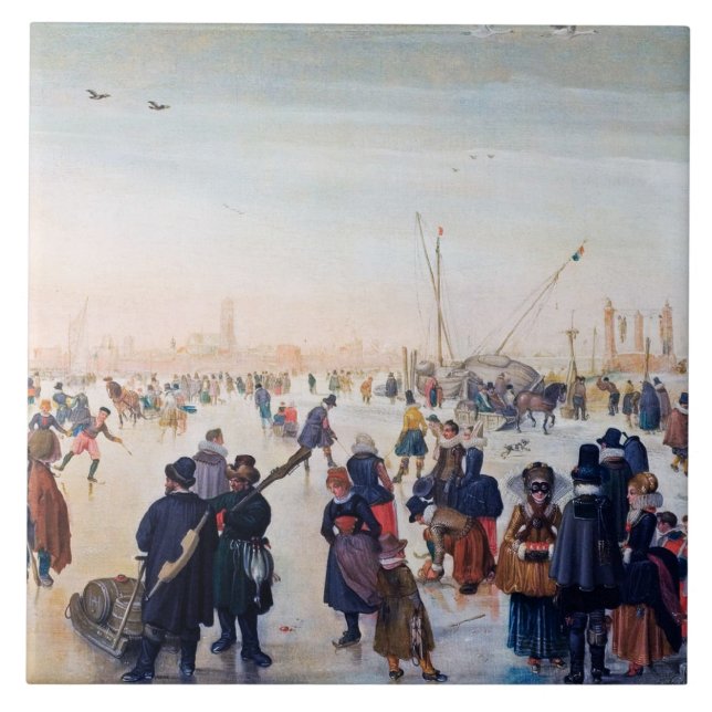 Ice Skating Scene. Fine Art Christmas Gift Ceramic Tile (Front)
