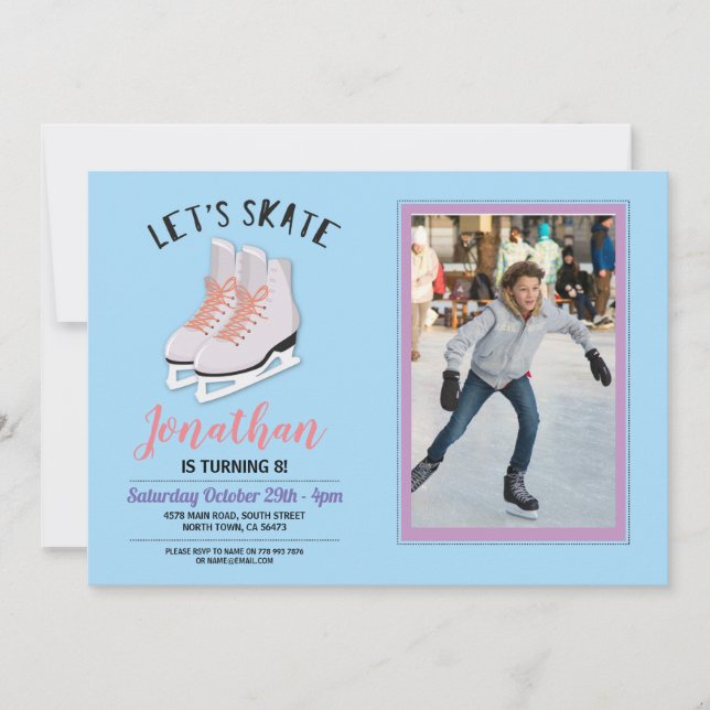 Ice-Skating Skate Blue Photo Birthday Party Invite (Front)