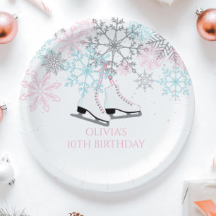 Ice Skating Snowflakes Pink blue silver glitter Pa Paper Plate