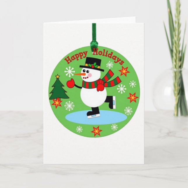 Ice Skating Snowman Ornament Happy Holidays Card (Front)