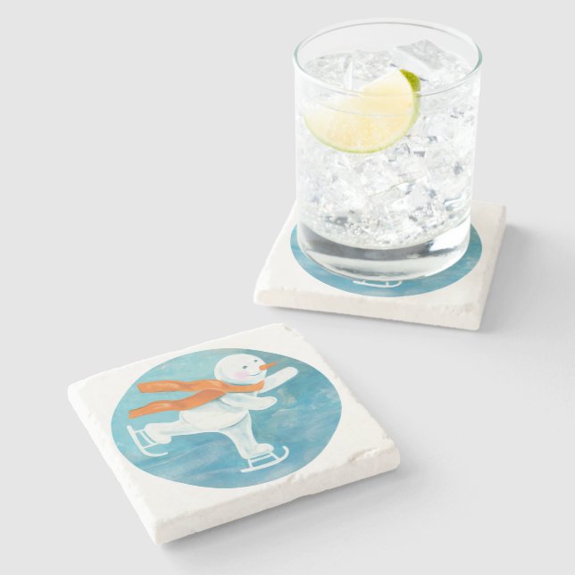 Ice Skating Snowman  Stone Coaster (Side)