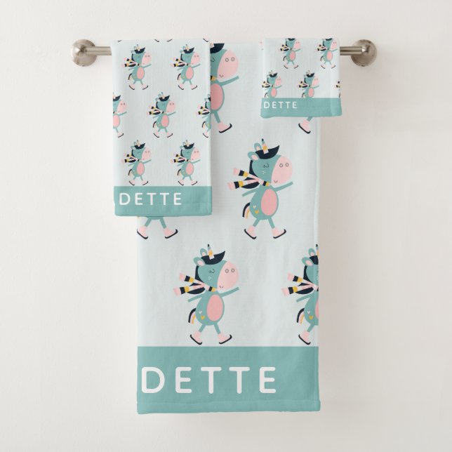 Ice Skating Unicorn Teal Pink Personalised Bath Towel Set (Insitu)