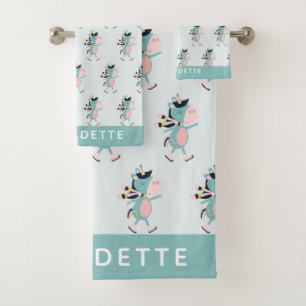 Ice Skating Unicorn Teal Pink Personalized Bath Towel Set