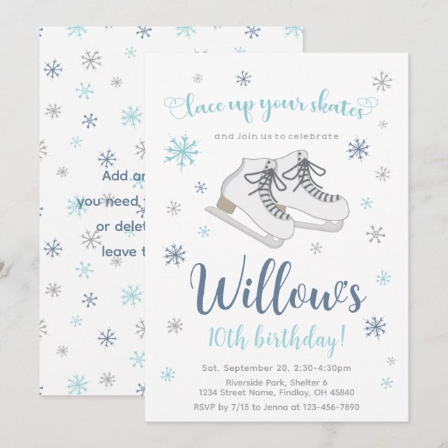 Ice Skating Winter Birthday Party, Blue, Any Age Invitation (Front/Back)