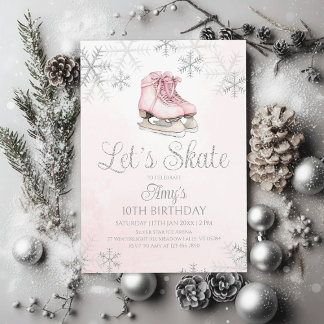 Ice Skating Winter Birthday Party Silver Glitter Invitation