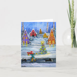 'Ice Slider' winter holiday card with cats.