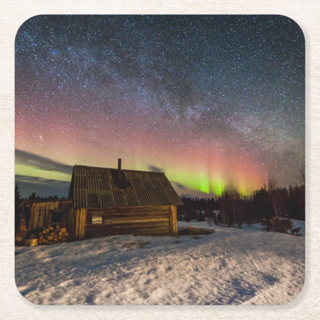 Ice & Snow | Aurora Polaris Murmansk, Iceland Square Paper Coaster (Front)
