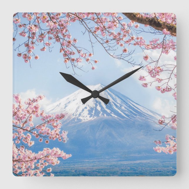 Ice & Snow | Cherry Blossoms Mt. Fuji Japan Square Wall Clock (Front)