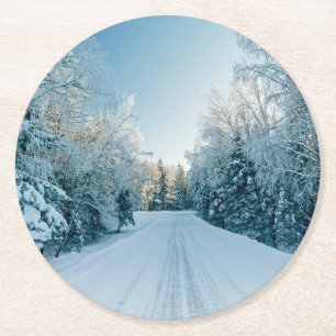 Ice & Snow Frozen Winter Road Russia, Siberia Round Paper Coaster