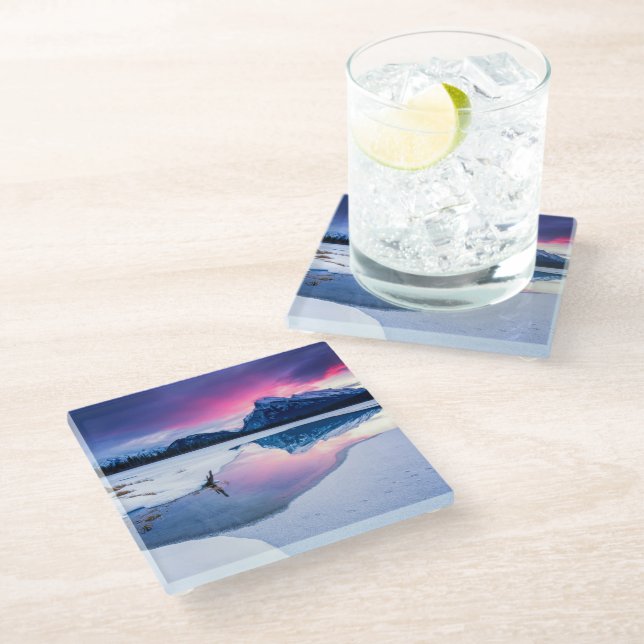 Ice & Snow | Mt. Rundle, Canada Glass Coaster (Angled)