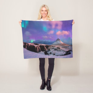 Ice & Snow Northern Lights, Kirkjufell Mountain Fleece Blanket