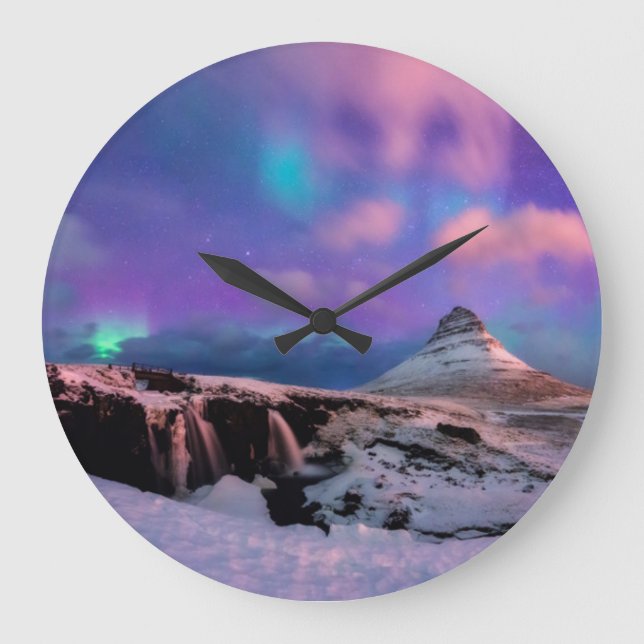 Ice & Snow | Northern Lights,  Kirkjufell Mountain Large Clock (Front)