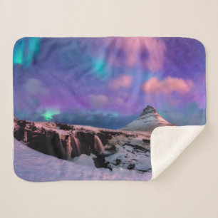 Ice & Snow Northern Lights, Kirkjufell Mountain Sherpa Blanket