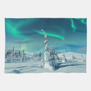 Ice & Snow Northern Lights, Lapland, Finland Tea Towel