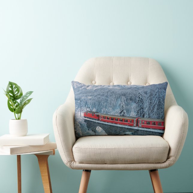 Ice & Snow | Red Bernina Express Train Switzerland Lumbar Cushion (Chair)
