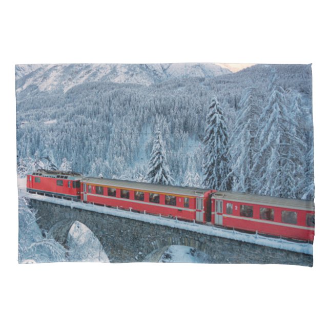Ice & Snow | Red Bernina Express Train Switzerland Pillowcase (Front)